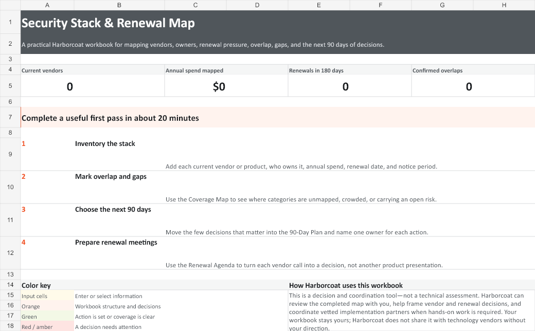 Preview of the workbook start page, including renewal and overlap summary cards