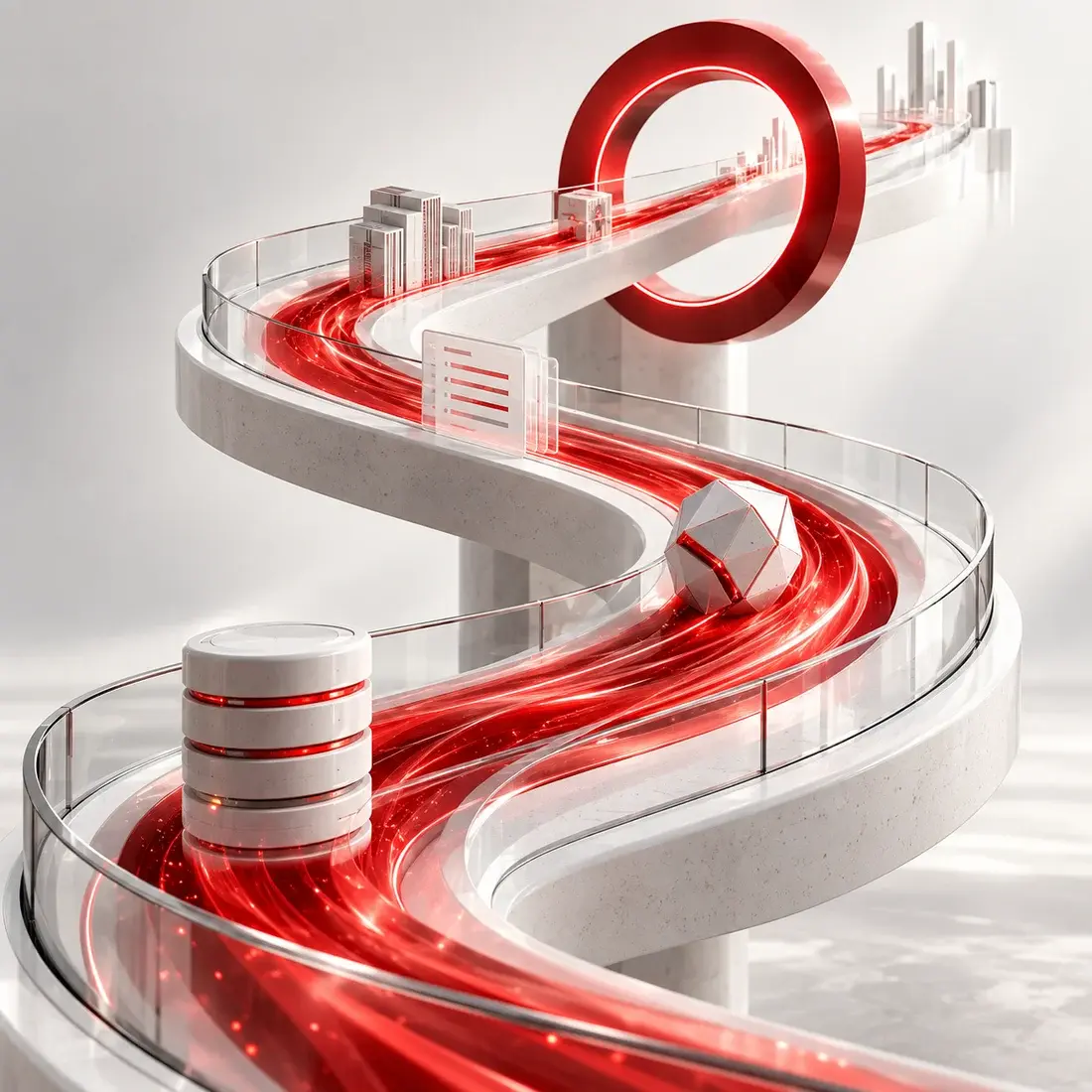 A red data pathway carrying files, a model, and data stores through a checkpoint with clear guardrails.
