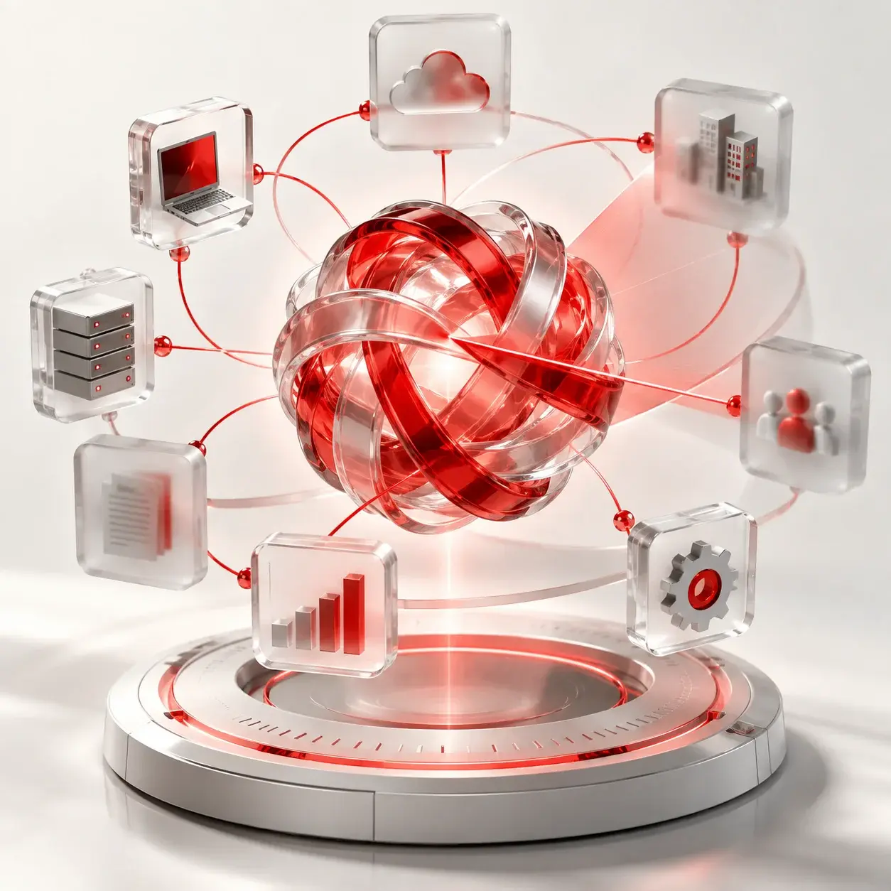 Red and clear glass AI core connected to applications, cloud services, people, and data.